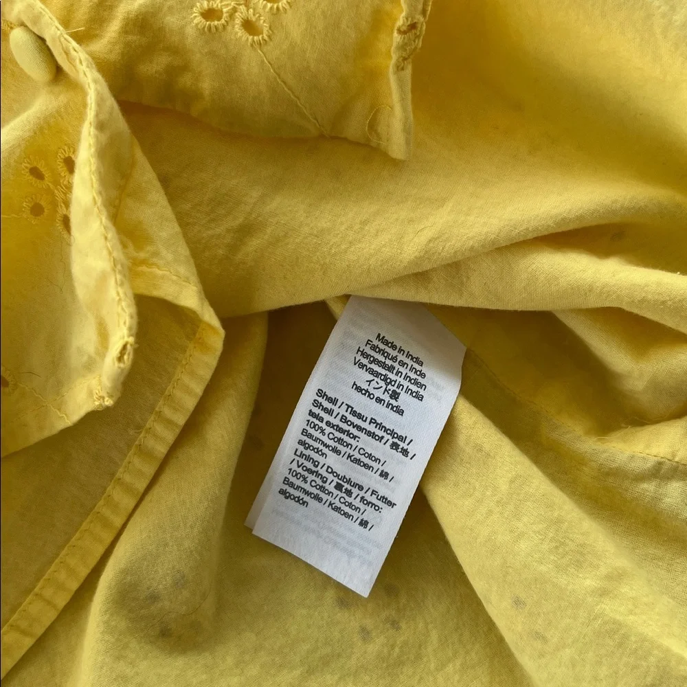 J. CREW yellow puff short sleeve eyelet button up cotton lined V-neck blouse L - Picture 6 of 10